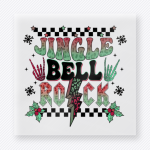 Jingle Bell Rock Skeleton Hands Christmas DTF transfer with Jingle Bell Rock lettering with skeleton hands, lightning bolt, checker accents, and holly details