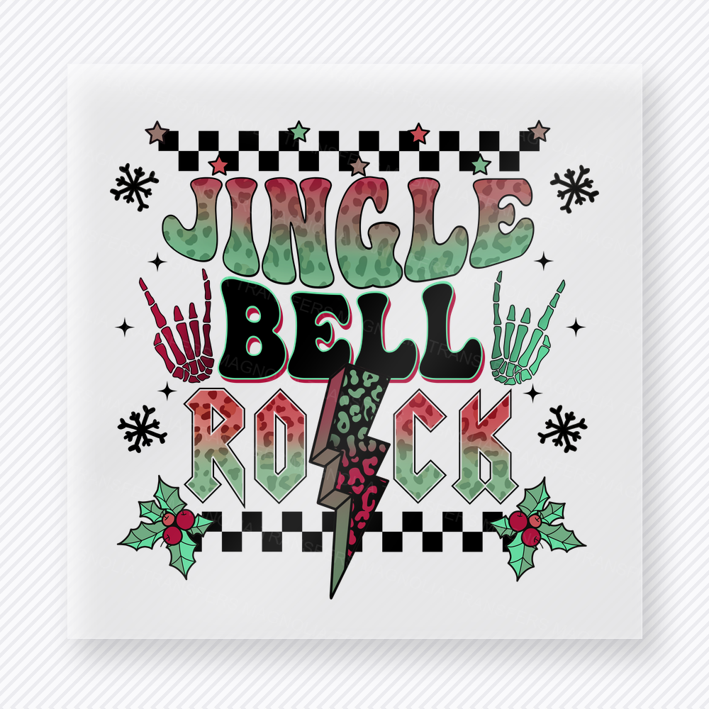 Jingle Bell Rock Skeleton Hands Christmas DTF transfer with Jingle Bell Rock lettering with skeleton hands, lightning bolt, checker accents, and holly details