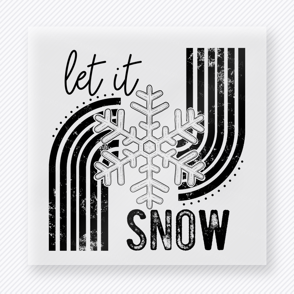 Let It Snow Retro Snowflake Christmas DTF transfer with Let It Snow lettering with black retro stripes and a large white snowflake