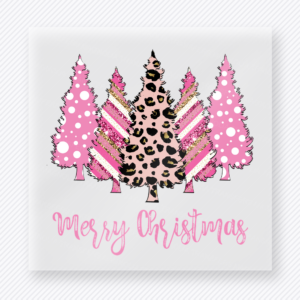 Pink Leopard Merry Christmas Trees Christmas DTF transfer with pink and leopard Christmas trees with Merry Christmas script
