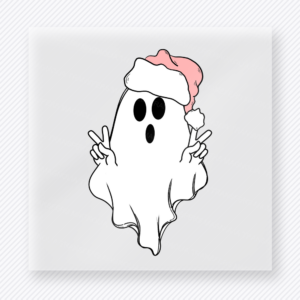 Peace Sign Ghost Santa Hat Christmas DTF transfer with a cute ghost wearing a pink Santa hat and making peace signs
