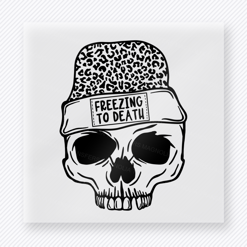 Freezing to Death Leopard Skull Christmas DTF transfer with a skull in sunglasses wearing a leopard-print freezing to death beanie
