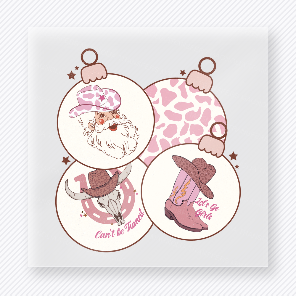 Cowboy Santa Ornament Trio Christmas DTF transfer with three western Santa ornaments with cow print, pink cowhide, hats, and Cant Be Tamed text