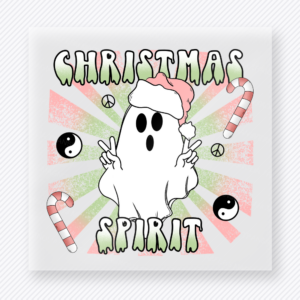 Christmas Spirit Ghost Christmas DTF transfer with Christmas Spirit lettering with a white ghost, Santa hat, peace signs, candy canes, yin-yang icons, and pastel retro rays