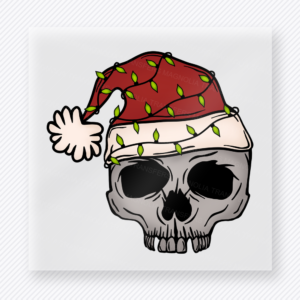 Christmas Lights Skull Christmas DTF transfer with a skull wearing sunglasses and a Santa hat wrapped in Christmas lights