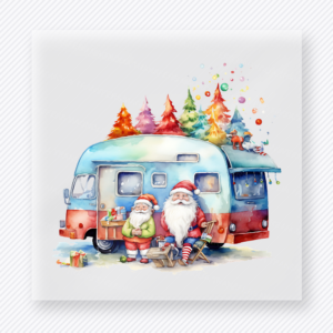 Santa Camper Christmas Scene Christmas DTF transfer with Santa sitting beside a colorful camper with Christmas trees, gifts, and bright winter details