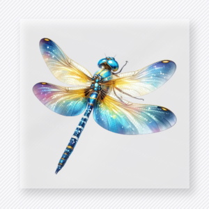 Blue gold dragonfly DTF transfer with luminous jewel-toned wings