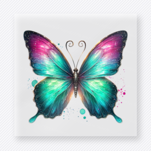 Teal magenta butterfly DTF transfer with paint splash accents