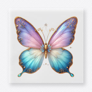 Lavender blue butterfly DTF transfer with gold filigree accents