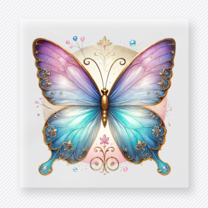 Blue lavender butterfly DTF transfer with soft gold filigree detail