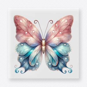 Blush blue ornate butterfly DTF transfer with pearl-toned decorative wings