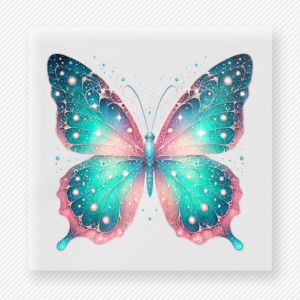 Aqua coral butterfly sparkle DTF transfer with glowing wing details