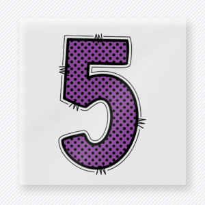 Purple comic-style number five DTF transfer with black outline detail
