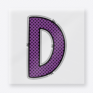 Purple comic-style letter D DTF transfer with black outline detail