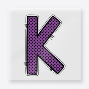 Purple comic-style letter K DTF transfer with black outline detail