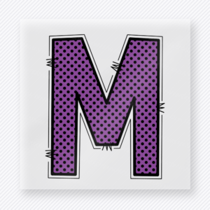 Purple comic-style letter M DTF transfer with black outline detail