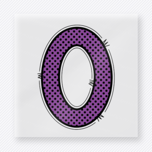 Purple comic-style letter O DTF transfer with black outline detail