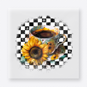 Coffee Sunflower Checkered DTF transfer mockup with a coffee cup with a sunflower sits over a black-and-white checkerboard background for a warm coffeehouse-inspired look.