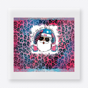 Winter Beer Drinking Problem Leopard DTF transfer mockup with a Santa gnome with drink glasses sits over pink leopard texture for a funny holiday beverage design.
