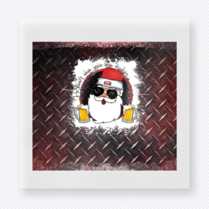 Winter Beer Drinking Problem Diamond Plate DTF transfer mockup with a Santa gnome with drink glasses sits over dark diamond-plate texture for a funny holiday beverage design.