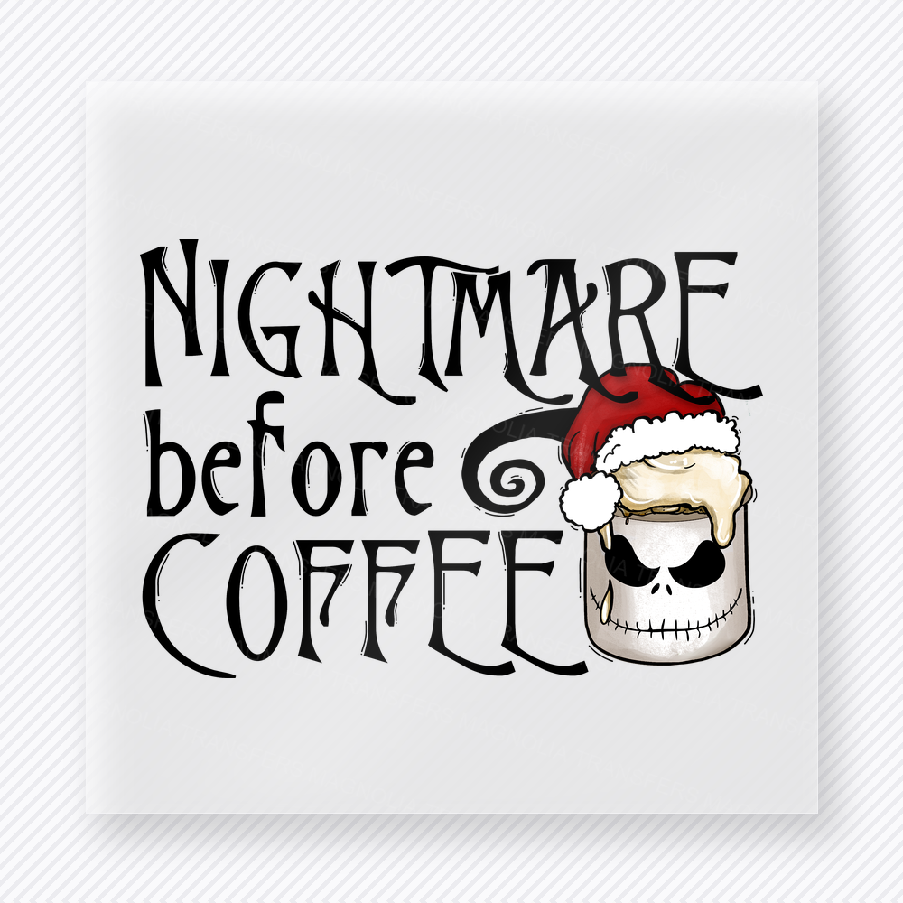 Nightmare Before Coffee Spiral DTF transfer mockup with nightmare Before Coffee wording appears with a spiral accent and skull wearing a Santa hat for a spooky caffeine design.