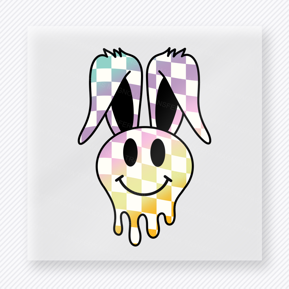 Purple Checkered Drippy Bunny Smiley Easter DTF transfer mockup with purple checkered drippy smiley face with bunny ears