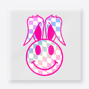 Pink Checkered Bunny Smiley Easter DTF transfer mockup with pink outlined checkered bunny smiley face