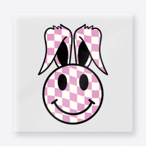 Pink Checkered Bunny Face Easter DTF transfer mockup with pink checkered bunny smiley face with black outline
