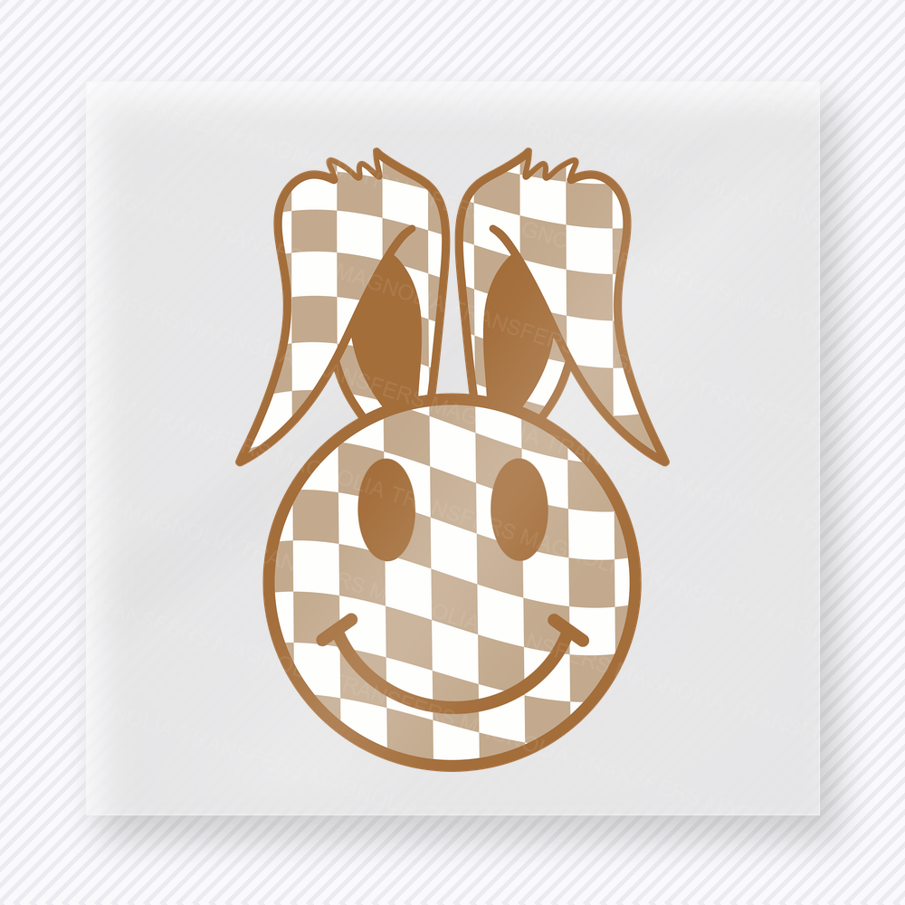 Neutral Checkered Bunny Face Easter DTF transfer mockup with neutral tan checkered bunny smiley face