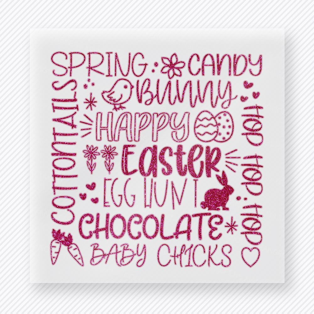 Easter Word Collage Easter DTF transfer mockup with vertical Easter word collage with spring, candy, bunny, eggs, and chicks
