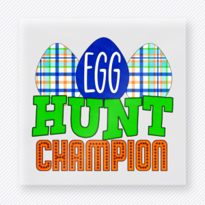 Egg Hunt Champion Easter DTF transfer mockup with colorful Egg Hunt Champion lettering with plaid eggs