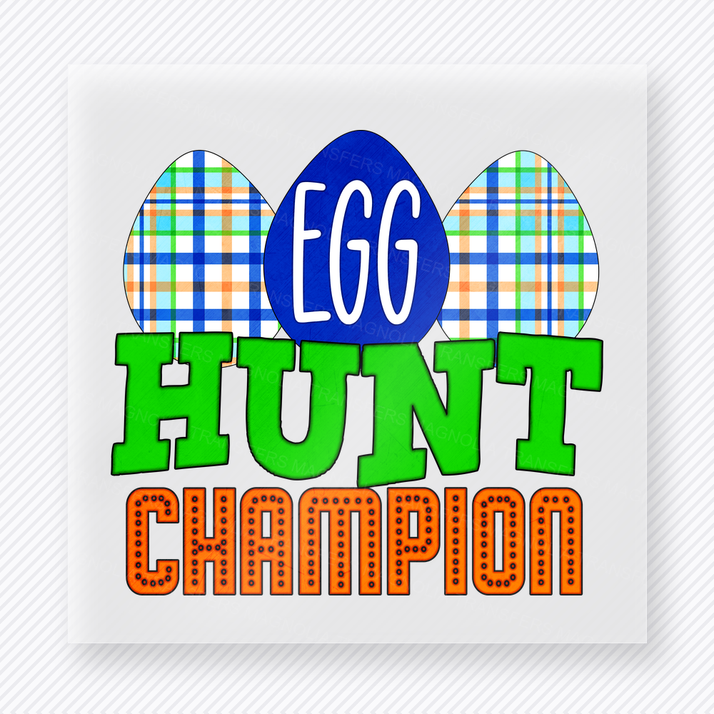 Egg Hunt Champion Easter DTF transfer mockup with colorful Egg Hunt Champion lettering with plaid eggs