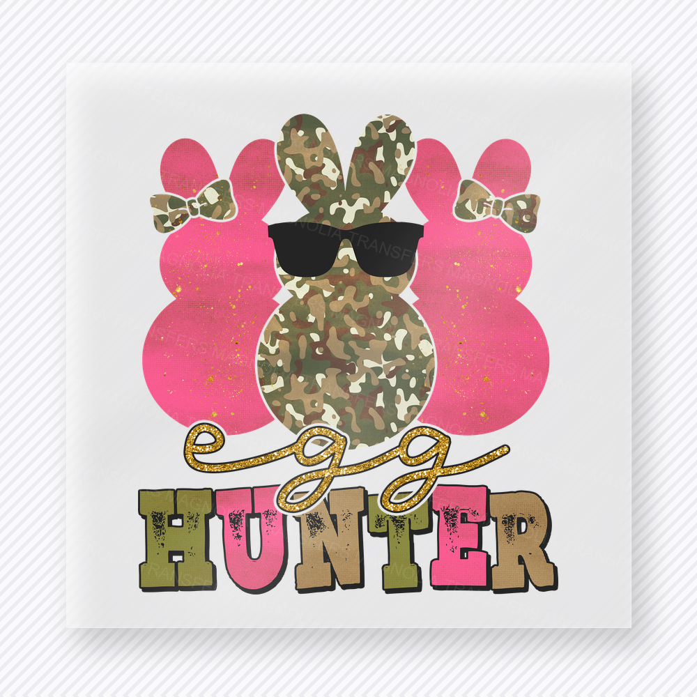 Egg Hunter Pink Easter DTF transfer mockup with pink peep background with camo bunny and Egg Hunter wording