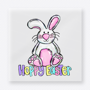 Hoppy Easter Bunny Easter DTF transfer mockup with pink and purple Hoppy Easter lettering with sitting bunny