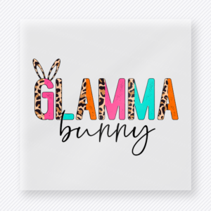 Glamma Bunny Bright Easter DTF transfer mockup with Glamma Bunny lettering with colorful pattern and bunny ears