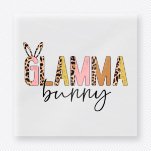 Glamma Bunny Leopard Easter DTF transfer mockup with Glamma Bunny lettering with leopard pattern and bunny ears