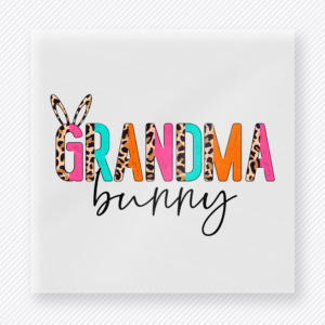 Grandma Bunny Bright Easter DTF transfer mockup with Grandma Bunny lettering with colorful pattern and bunny ears