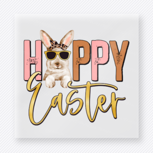 Hoppy Easter Bunny Shades Easter DTF transfer mockup with Hoppy Easter lettering with bunny wearing sunglasses