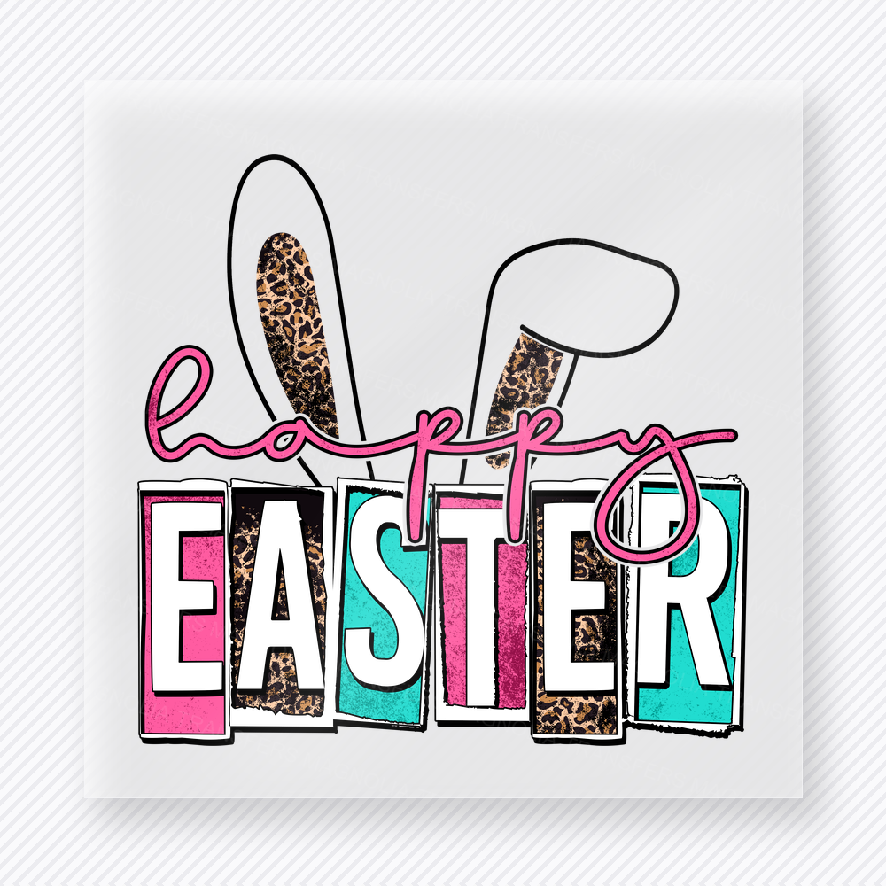 Happy Easter Leopard Bright Easter DTF transfer mockup with Happy Easter lettering with leopard bunny ears and bright pastel colors