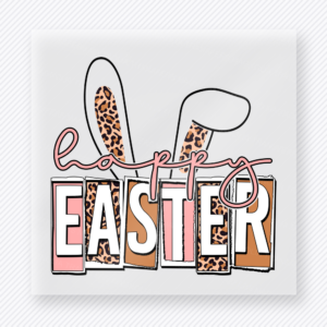 Happy Easter Leopard Neutral Easter DTF transfer mockup with Happy Easter lettering with leopard bunny ears and warm neutral colors