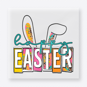 Happy Easter Colorful Easter DTF transfer mockup with Happy Easter lettering with colorful patterned letters and bunny ears