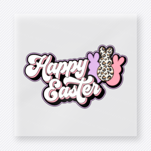 Happy Easter Paw Easter DTF transfer mockup with Happy Easter lettering with leopard paw print and heart accents