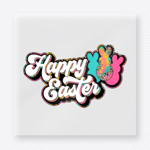 Happy Easter Paw Bright Easter DTF transfer mockup with Happy Easter lettering with bright patterned paw print and leopard accents