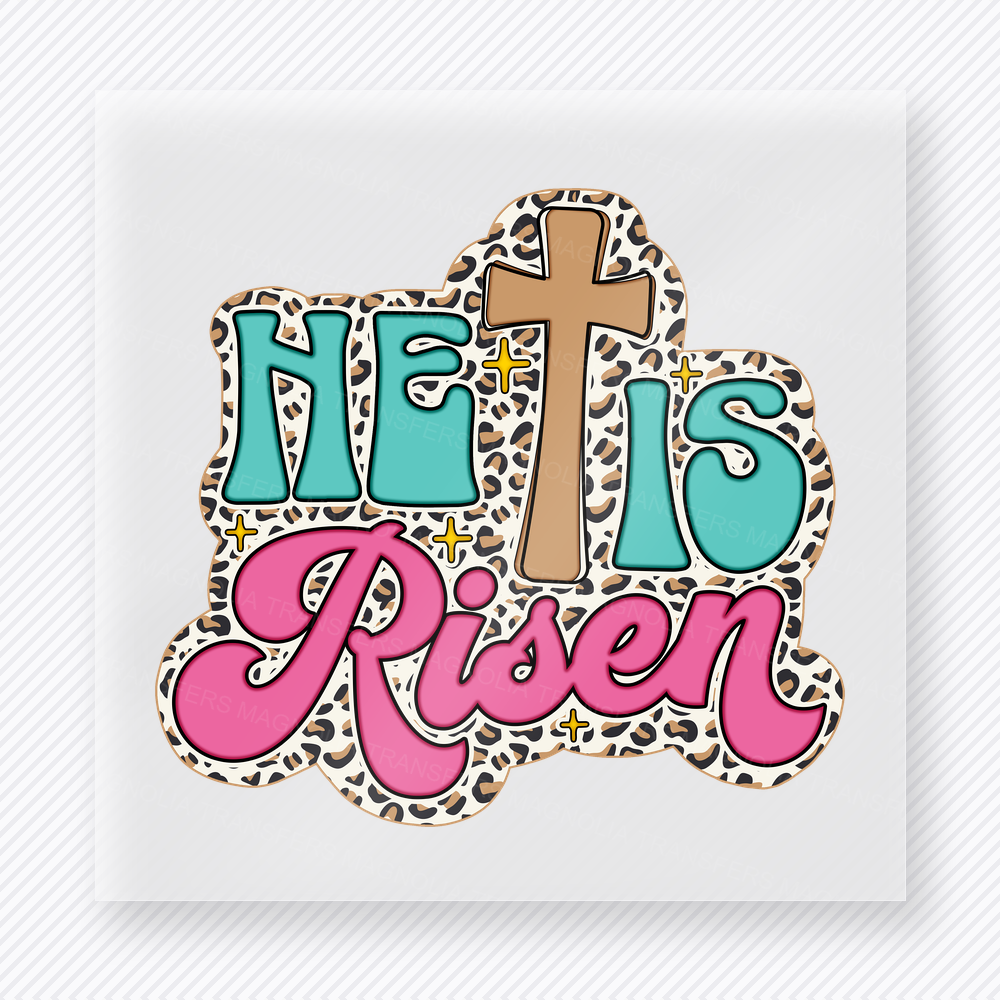 He Is Risen Pink Easter DTF transfer mockup with He Is Risen lettering with leopard cross and pink script