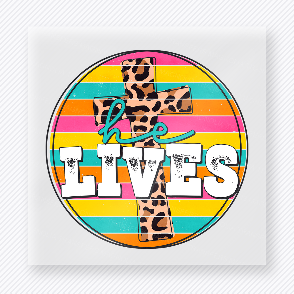 He Lives Bright Cross Easter DTF transfer mockup with bright circular He Lives design with striped background and leopard cross