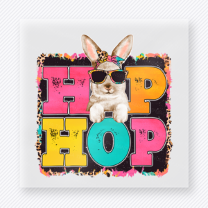 Hip Hop Bunny Shades Easter DTF transfer mockup with Hip Hop lettering with bunny wearing sunglasses