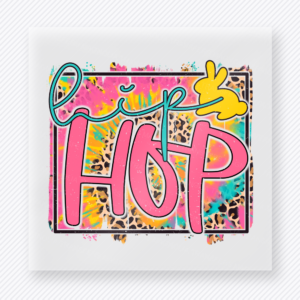 Let It Hop Bright Easter DTF transfer mockup with Let It Hop lettering with bright patterned background and bunny silhouette