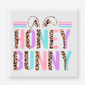 Honey Bunny Pastel Easter DTF transfer mockup with Honey Bunny lettering with leopard bunny ears and pastel stripes