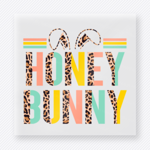 Honey Bunny Yellow Easter DTF transfer mockup with Honey Bunny lettering with leopard bunny ears and yellow accents