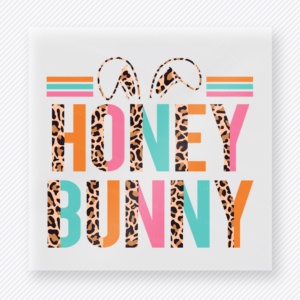 Honey Bunny Bright Easter DTF transfer mockup with Honey Bunny lettering with leopard bunny ears and bright stripes